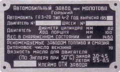табличка ноерных агрегатов ГАЗ М20 Победа, до 1950 года